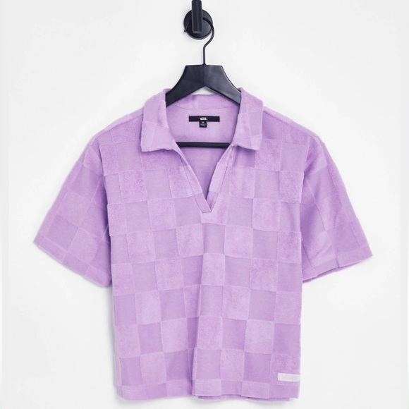 NWT Vans Terry Cloth V-Neck Polo Neck Crop Top in Purple Gingham - Picture 2 of 9